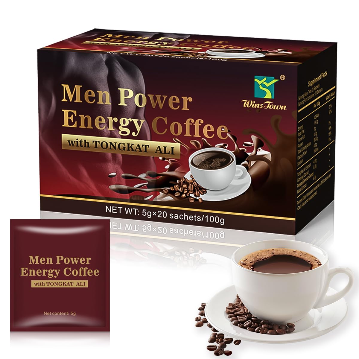 Men's Herbal Energy Coffee - Instant Black Coffee with Maca, Tongkat Ali, Epimedium & Ginseng – Boost Focus, Stamina & Vitality