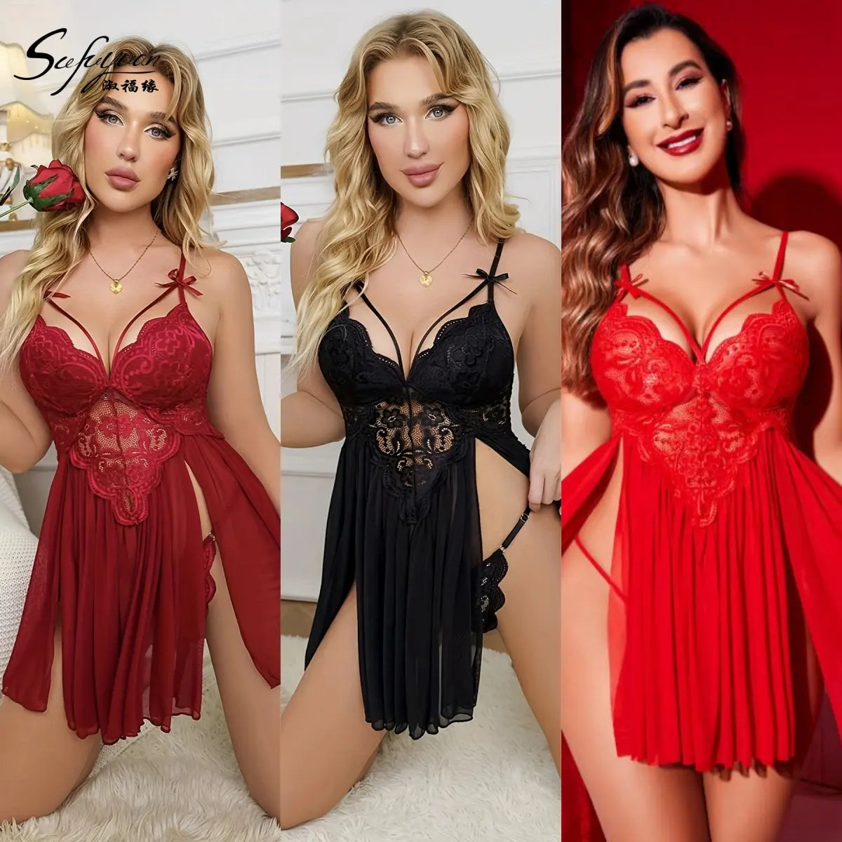 Sexy Women Sleepwear Underwear/ Lingerie for Intimate Nights ( A set of 2 pieces - Red & Black )