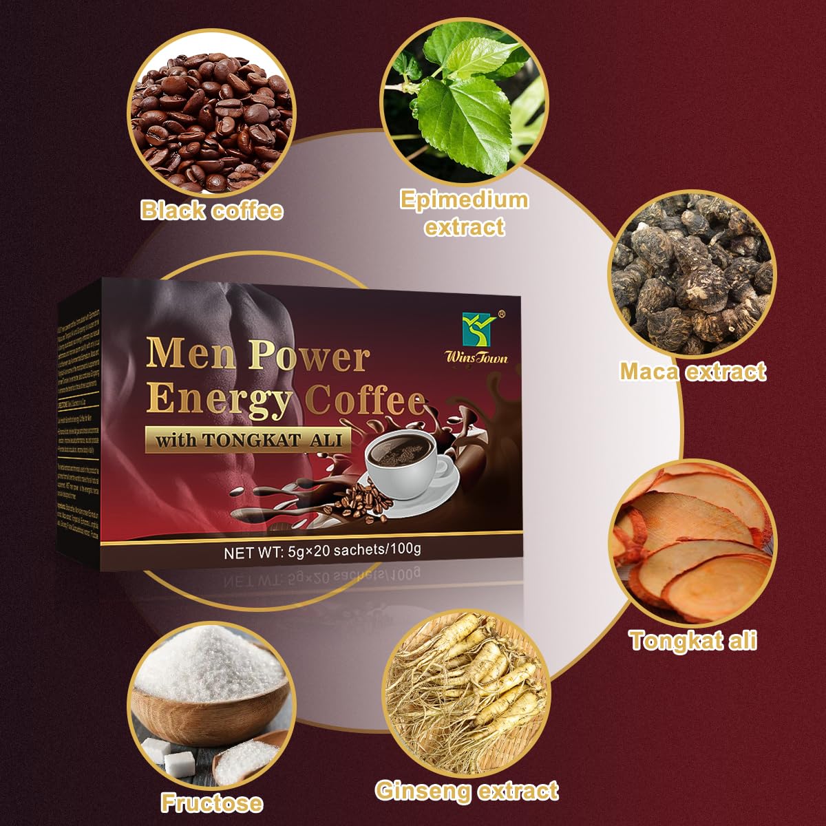 Men's Herbal Energy Coffee - Instant Black Coffee with Maca, Tongkat Ali, Epimedium & Ginseng – Boost Focus, Stamina & Vitality