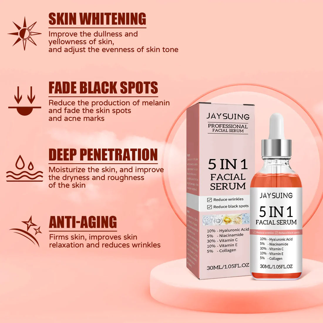 5 In 1 Face Serum Anti Aging Face Serum with Vitamin C, Hyaluronic Acid, Vitamin E, Moisturizing Serum for Dark Spots, Even Skin Tone, Eye Area, Fine Lines & Wrinkles