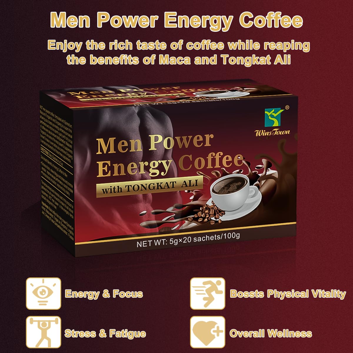 Men's Herbal Energy Coffee - Instant Black Coffee with Maca, Tongkat Ali, Epimedium & Ginseng – Boost Focus, Stamina & Vitality