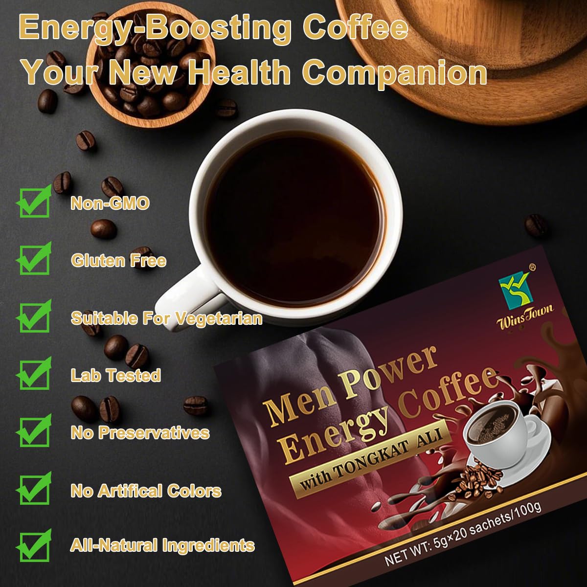 Men's Herbal Energy Coffee - Instant Black Coffee with Maca, Tongkat Ali, Epimedium & Ginseng – Boost Focus, Stamina & Vitality