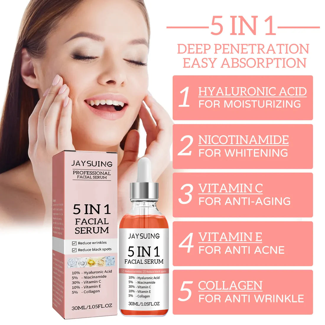 5 In 1 Face Serum Anti Aging Face Serum with Vitamin C, Hyaluronic Acid, Vitamin E, Moisturizing Serum for Dark Spots, Even Skin Tone, Eye Area, Fine Lines & Wrinkles
