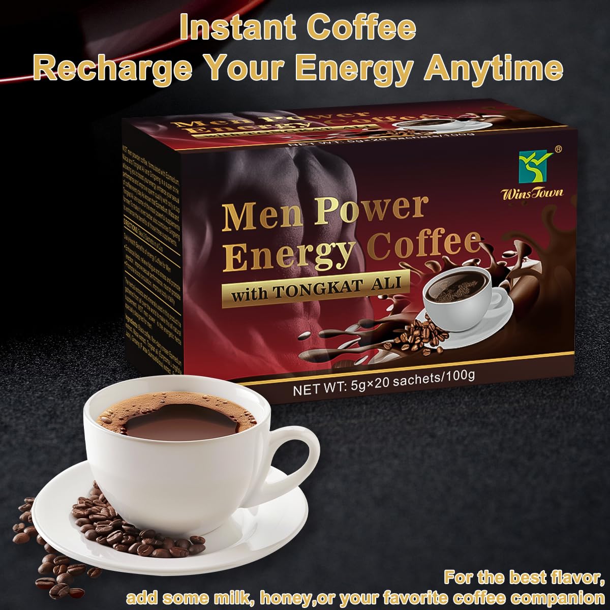 Men's Herbal Energy Coffee - Instant Black Coffee with Maca, Tongkat Ali, Epimedium & Ginseng – Boost Focus, Stamina & Vitality