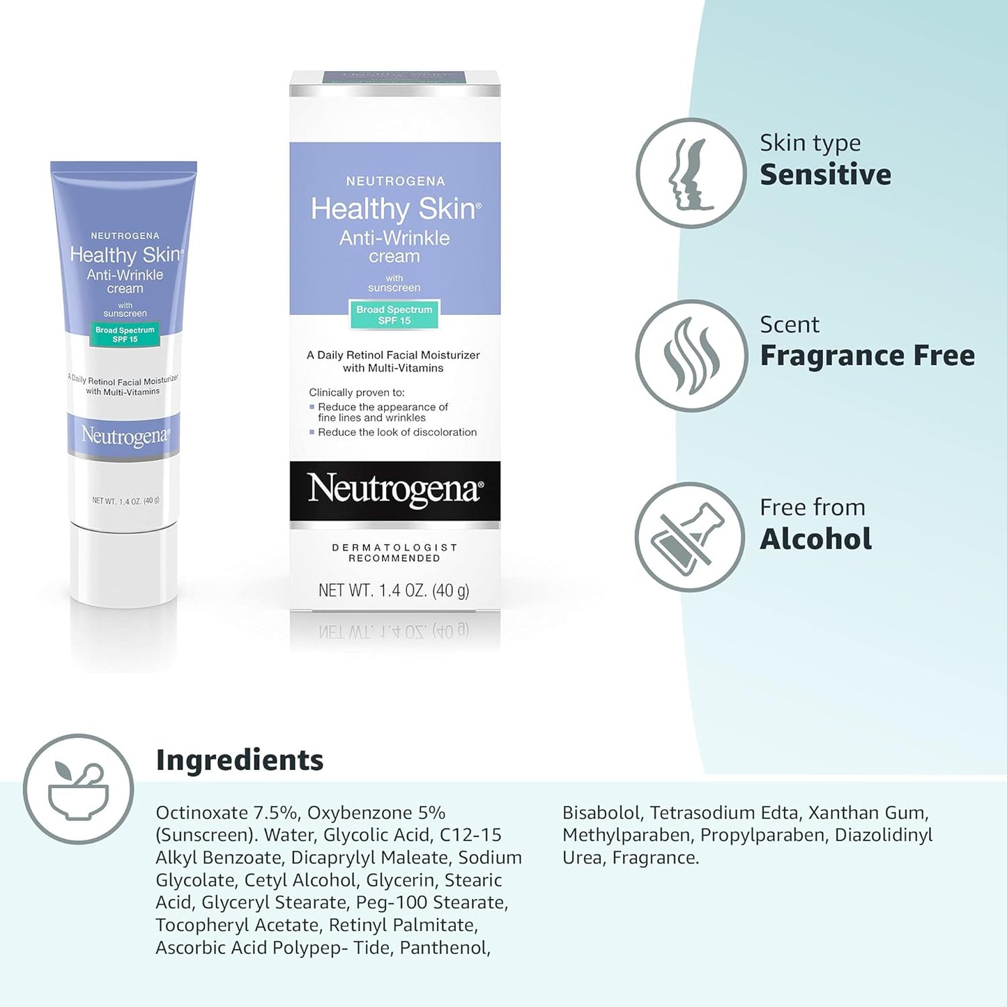 Neutrogena Healthy Skin Anti-Wrinkle Cream | Rapid Wrinkle Repair, Daily Anti-Aging Face Cream with Retinol & Hyaluronic Acid to Fight Fine Lines, Wrinkles & Dark Spots - 40g