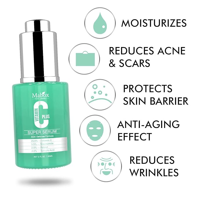 Mabox Vitamin C Plus Super Serum  for Face| Anti-Aging, Anti-Wrinkle, Acne and Dark Spot Remover Facial Serum with Niacinamide, Retinol, Hyaluronic Acid,Vit E and Salicylic Acid