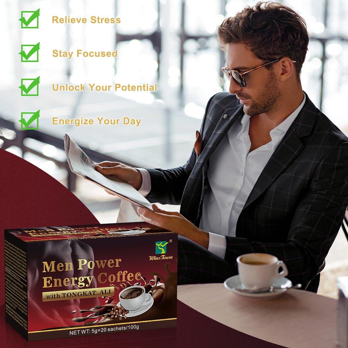 Men's Herbal Energy Coffee - Instant Black Coffee with Maca, Tongkat Ali, Epimedium & Ginseng – Boost Focus, Stamina & Vitality